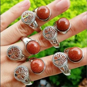 Gold sandStone silver Tree Of life open adjustable Finger Ring